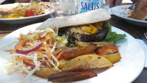 the vegan burger was delicious! at La Morada in Punta Del Diablo
