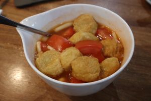 Tomato Noodle Soup W/ Fresh Beancurd.  at Oriental Vegetarian 東方素 in Hong Kong Island