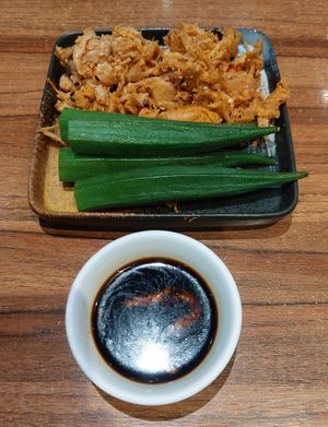 Okra with wasabi & shredded chicken with sesame sauce 芥末秋葵 拼 麻香手撕雞 at Oriental Vegetarian 東方素 in Hong Kong Island