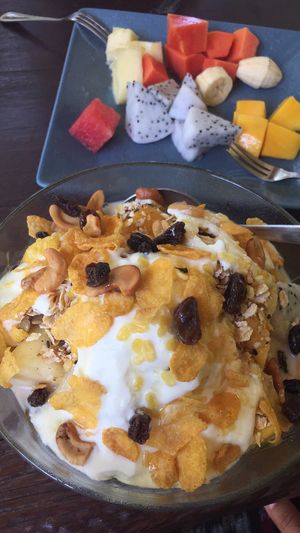 Fruit platter and muesli fruits and yogurt  at Sawasdee in Koh Chang Ranong