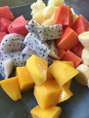 Fruit platter: mango, banana, dragon fruit, watermelon, pineapple  at Sawasdee in Koh Chang Ranong