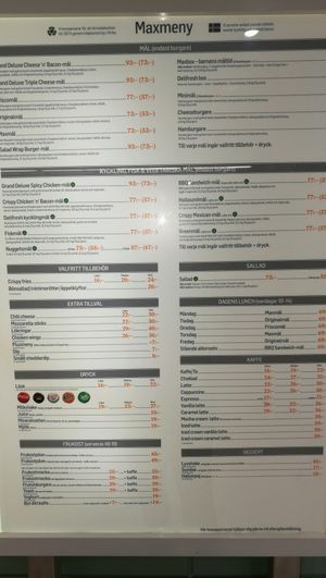 Menu as of Dec 2017 at MAX - Vasagatan in Stockholm