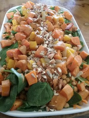 Roasted pumpkin and garlic salad with chick peas and sunflower kernels at The Ice Box Cafe in Sunshine Coast