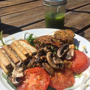 Vegan big breakfast and green juice (cold pressed)  at The Ice Box Cafe in Sunshine Coast