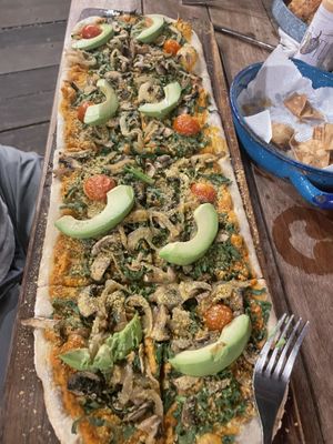 Flatbread / pizza with hummus instead of cheese    at La Playita in Bacalar
