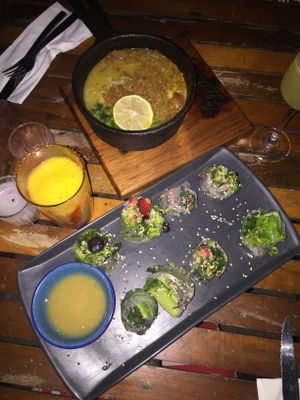 Coco and rice soup and salad rolls at La Playita in Bacalar