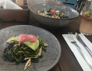 Cactus tostada & salad with tofu (salad fine, tofu not so good...) at La Playita in Bacalar