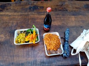 Steamed and fermented veggies, brown rice, and malaysian curry at Vantra Eden in West London