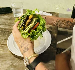 Philly Cheese with Grilled pineapple, extra pickles, extras mushrooms, added guacamole…total amazing vegan taste explosion insanity!! I want this to franchise all over SoCal!😍 at Luv Burger in Nosara