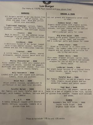 Menu…pizzas are on the “daily specials" at Luv Burger in Nosara