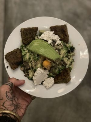 Goddess Salad with added sunflower seed cheese and vegan burger patty  at Luv Burger in Nosara