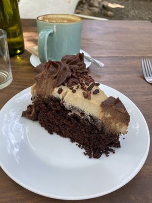 Amazing vegan chocolate cake & coco cappuccino  at Luv Burger in Nosara