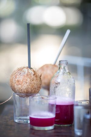 Kombucha and Coconut water at Luv Burger in Nosara