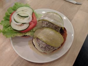 Falafel burger, excellent choice at Luv Burger in Nosara