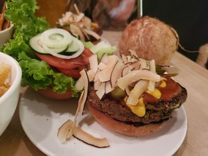 Tropical burger (coconut bacon burger with a fat slice of pineapple. SOO AMAZING) at Luv Burger in Nosara