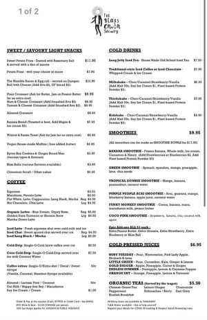 Menu 1/2 at The Glass Onion Society in Long Jetty