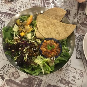 Salad with vegan bread at Raw Chefs Cafe in Kowloon