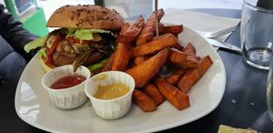 burger with sweet potato fries  at Chic Planete in Avignon