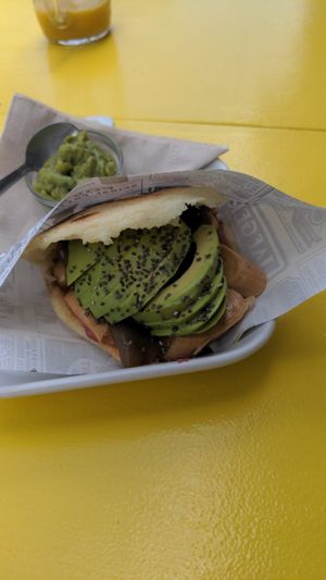 Areppa with avocado and vegan sausage. at Aqui y Ahora  in Lanzarote