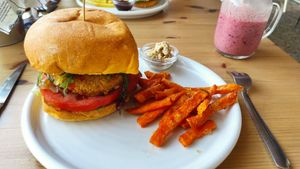 Tempeh Barbecue Burger with sweet potato Fries and humus at Aqui y Ahora  in Lanzarote