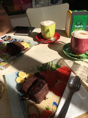 Vegan cake and coffee with soy milk at Aqui y Ahora  in Lanzarote