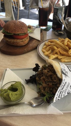 Seitan arepas and soy burger  at Aqui y Ahora  in Lanzarote