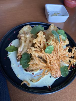 Tempura mixed mushrooms, jalapeño foam  at Raiz in Porto