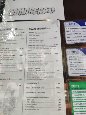 Vegan pizza menu at Pizza Paco in Barcelona