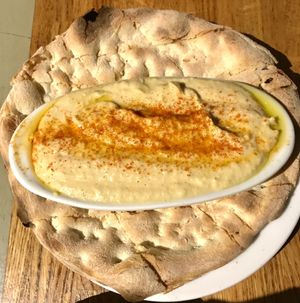 Hummus:
Hummus, bread, veggies.
Comes with cucumber and carrot sticks (not pictured).
This was good but I've had better hummus before. at Pizza Paco in Barcelona