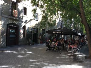 Seating outside  at Pizza Paco in Barcelona
