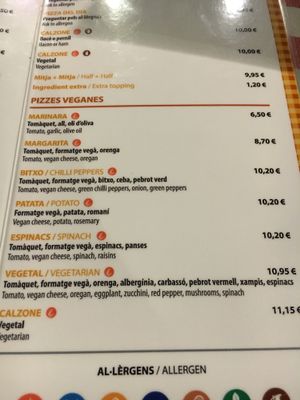Vegan pizza menu  at Pizza Paco in Barcelona