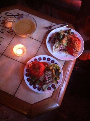 Two stuffed bell pepper dish and one zucchini-aubergine-lentil soup (top left corner). All were amazingly tasty! at Kulthum in Leipzig