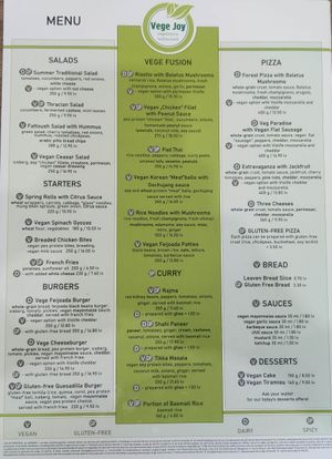 Menu at Vege Joy in Varna