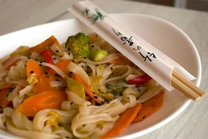 Wok-Fried Rice Noodles with Vegetables at Vege Joy in Varna
