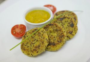Quinoa Croquettes with Moong Dal and Mango Chutney at Vege Joy in Varna