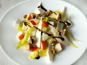 Six Tastes Salad
(chicory, radicchio, Chinese cabbage, pear, pistachios, аlmond cheese, seasoned with balsamic reduction and pomegranate juice)

 at Vege Joy in Varna