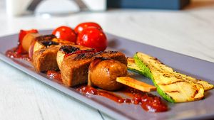 Vegan Skewer (soy sausage, croquette from seitan and soy, fresh champignons, onions, peppers, zucchini, relish sauce) at Vege Joy in Varna