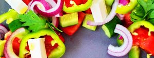 Summer Traditional Salad
(tomatoes, cucumbers, peppers, red onion, white cheese)   - vegan option with almond cheese Live Food at Vege Joy in Varna