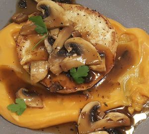 Celery Steak with Sweet Potato Puree (celery root, sweet potato, juniper berries, fresh champignons) at Vege Joy in Varna