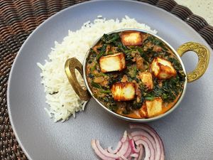 Palak Paneer (paneer, spinach, tomatoes, onions, ginger, cashew, melon seeds, served with Basmati rice) at Vege Joy in Varna