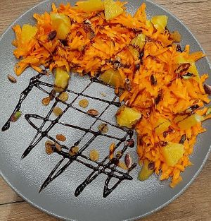 Carrota (carrots, orange, rasins, sunflower seeds, balsamic reduction) at Vege Joy in Varna