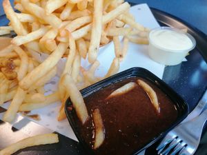 Vegan stoofvlees saus, frietjes en veganaise at Frituur De Papegaai in Ghent