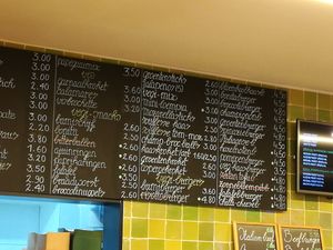 Menu with many vegan/vegetarian burgers.  at Frituur De Papegaai in Ghent