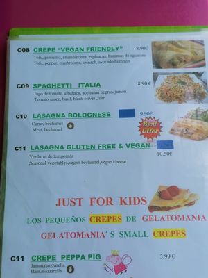 Vegan lasagna on the menue at Gelatomania in Gran Canaria