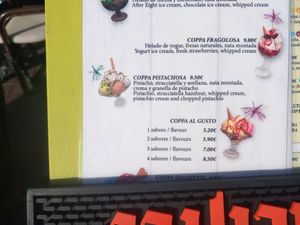 Menu and prices at Gelatomania in Gran Canaria