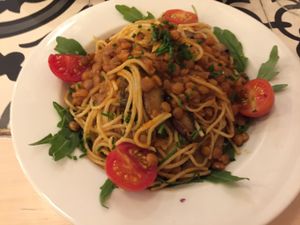 Whole wheat spaghetti with lentil sauce was one of today’s daily specials.  at Graça 77 in Lisbon