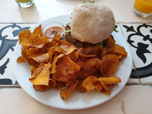 Grain burger with sweet potato fries at Graça 77 in Lisbon
