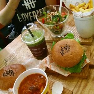 tomato soup, moomoo salad, fries, soy broth burger and tomato cheese burger  at Moomoo Burger & Smoothie in Busan