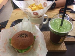 soy burger with fries and a smootie  at Moomoo Burger & Smoothie in Busan