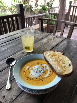 Ginger-miso soup, homemade sourdough bread and a honey-lime lemonade 😍  at Little Good Things in Mae Hong Son